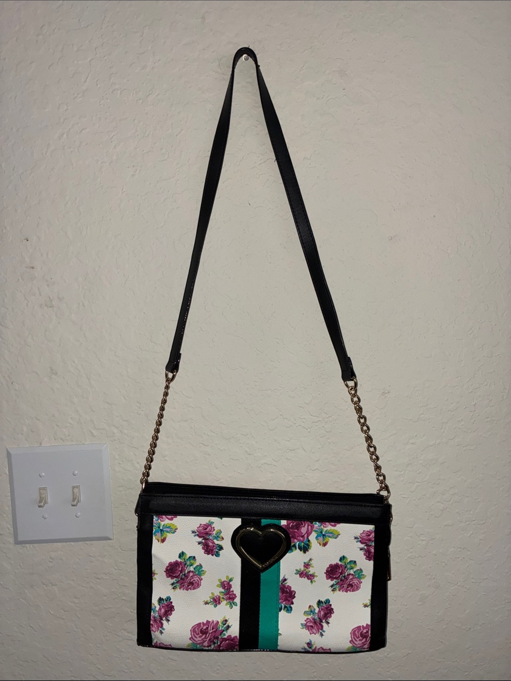 Betsey Johnson White Floral Crossbody with Black Trim & Teal Stripe